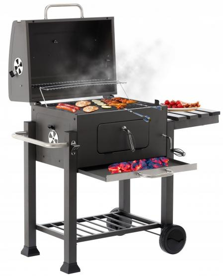 GRILL OGRODOWY WĘGLOWY DUŻY Z POKRYWĄ, ŻELIWNYM RUSZTEM I KÓŁKAMI 114,5 x 60 x 108 CM GRILL OGRODOWY WĘGLOWY DUŻY Z POKRYWĄ, ŻELIWNYM RUSZTEM I KÓŁKAMI 114,5 x 60 x 108 CM